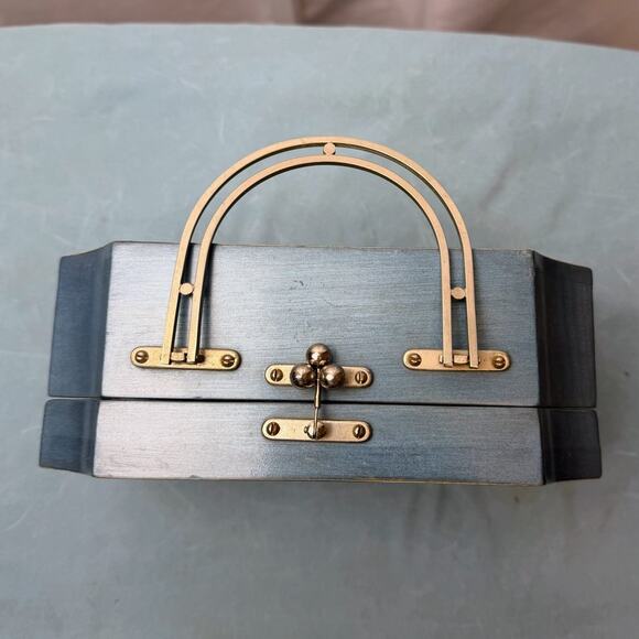 Mid Century Nautical Wooden Purse Box w Metal Handle Vintage Sailing Ships Decor - Picture 4 of 9